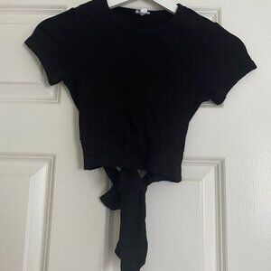 Garage Ribbed Black Short-Sleeve Crop Top with Tie in Back